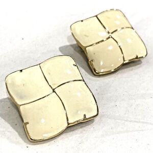 Vintage clip on earrings goldtone square with creamy white enamel finish 1980s